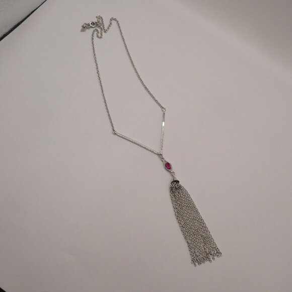 Sarah Coventry Vintage Silver Tone with Pink Rhinestone Tassel Necklace - Picture 6 of 8